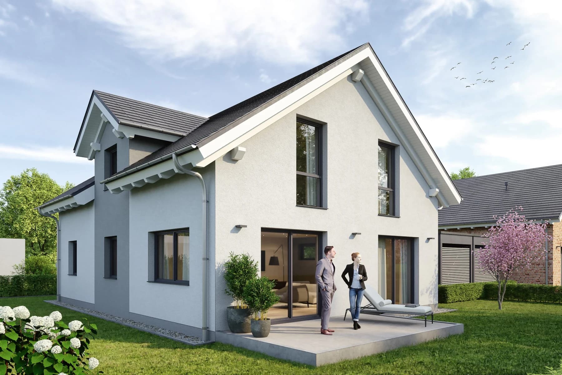 Visualisierung eines Einfamilienhauses mit Terrasse und Garten im Projekt Upper Borg